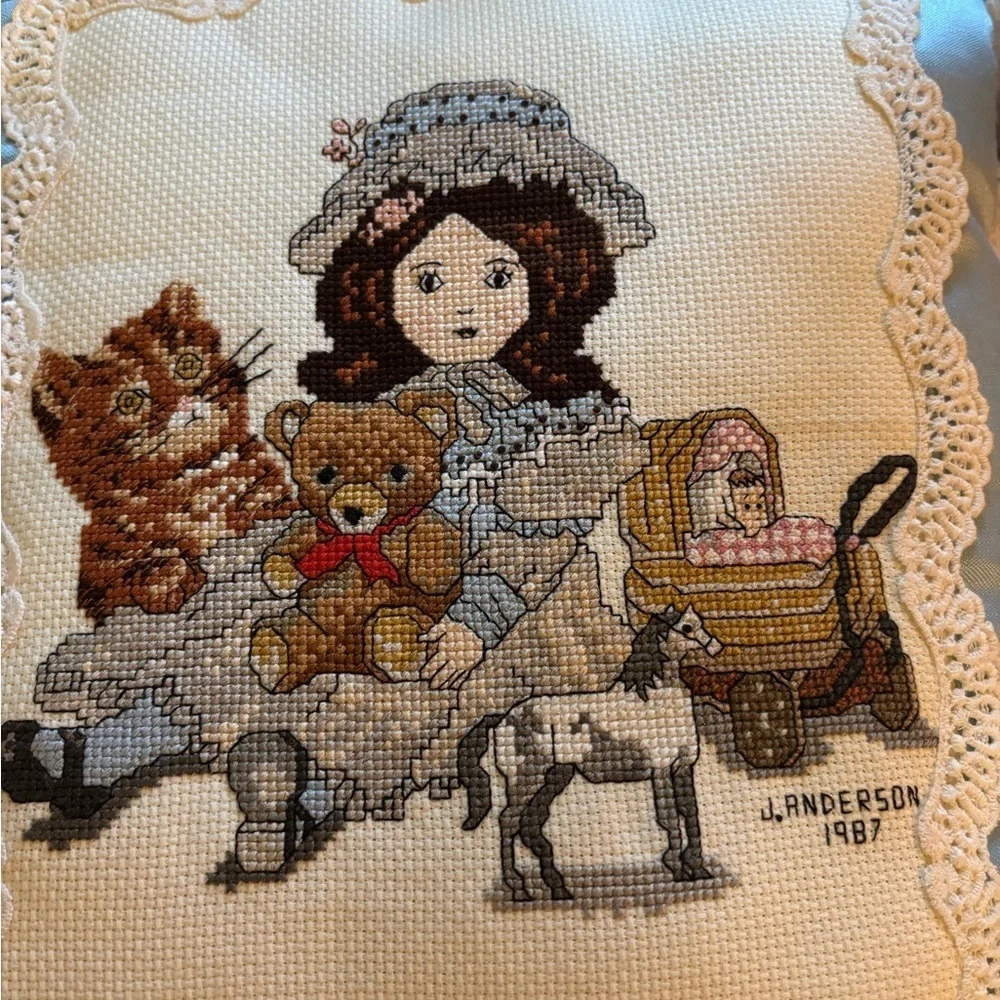Handmade VTG Victorian Pillow Blue Cross-Stitch Doll Teddy Kitty Lace Trim